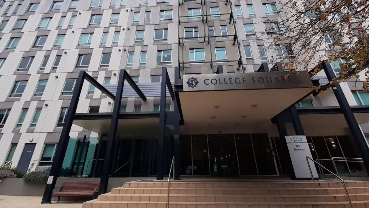 College Square entrance with stairs and bench exterior at Student Living-590 Lygon in Melbourne Student Accommodation
