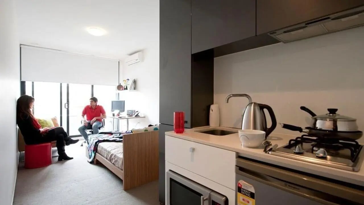 Bed study area kitchen at Student Living D2 in Melbourne Student Accommodation