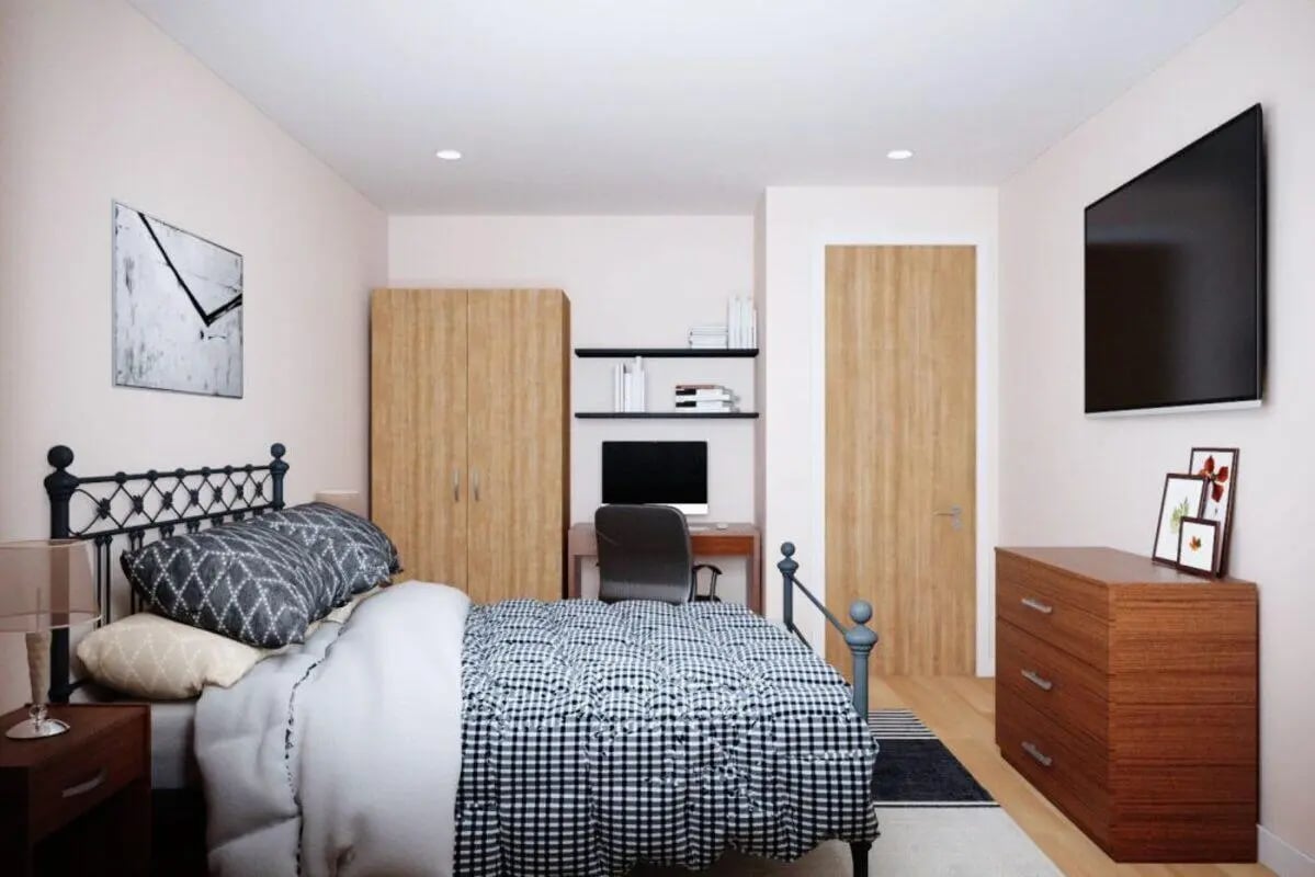 Bed desk wardrobe dresser and tv bedroom at City Edge - Manchester in Manchester Student Accommodation