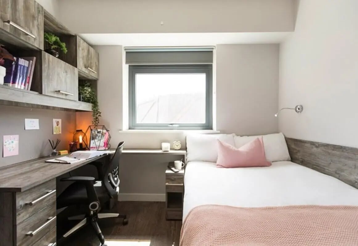 Bed desk shelves and chair bedroom at Queens Court in Reading Student Accommodation