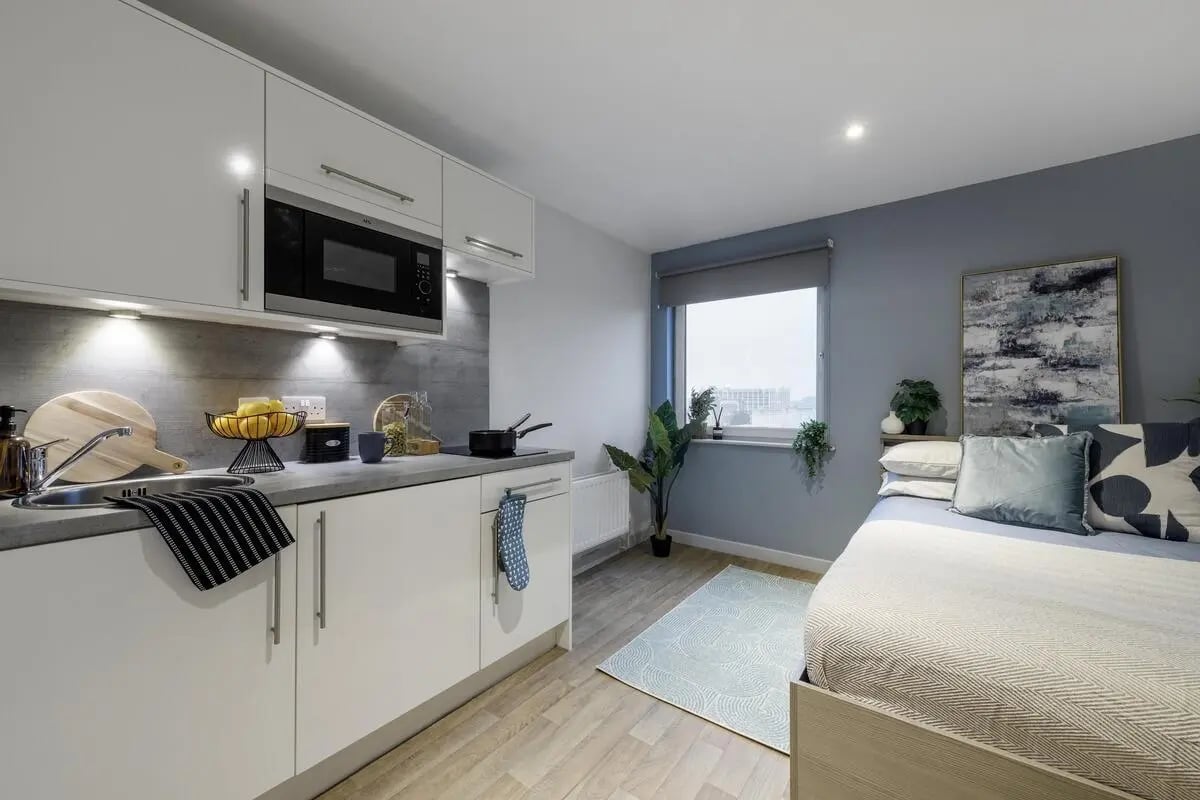 Kitchenette and bed with paintings and plants studio apartment at The Bridge in Newcastle Upon Tyne Student Accommodation