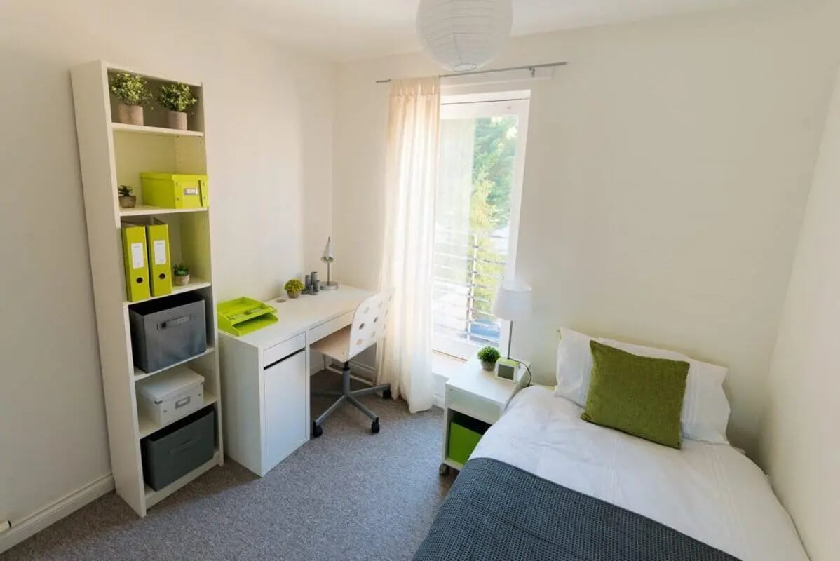 Bed desk bookshelf and nightstand bedroom at Linksfield in Aberdeen Student Accommodation