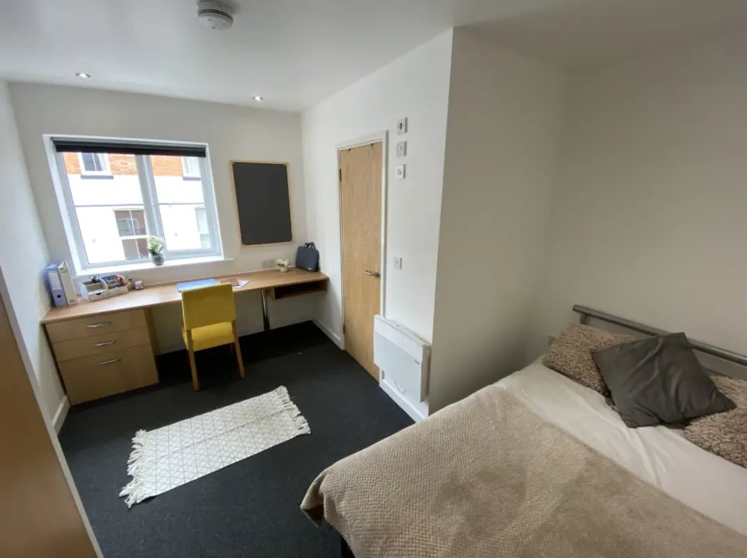 Bed desk chair rug window bedroom at Radmoor House in Loughborough Student Accommodation