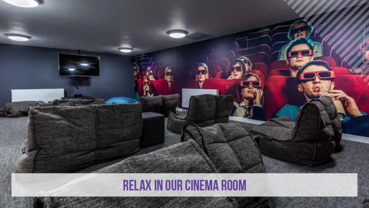 Beanbag chairs and TV in a cinema room at Kensington House in Birmingham Student Accommodation