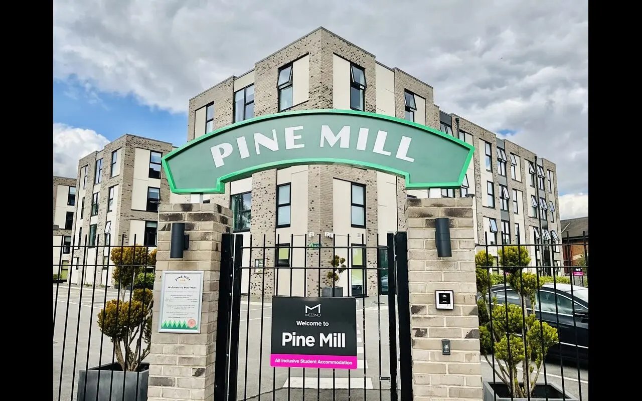 Pine Mill sign building entrance exterior at Pine Mill in Lincoln Student Accommodation