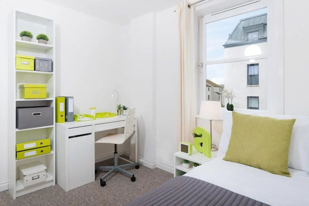 Desk and shelves with storage study area bedroom at Froghall in Aberdeen Student Accommodation