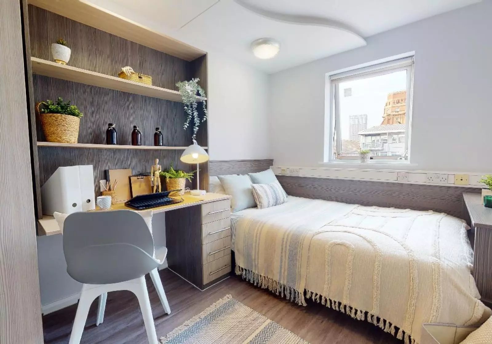 Bed desk chair plants and rug bedroom at iQ Lambert & Fairfield House in Manchester Student Accommodation