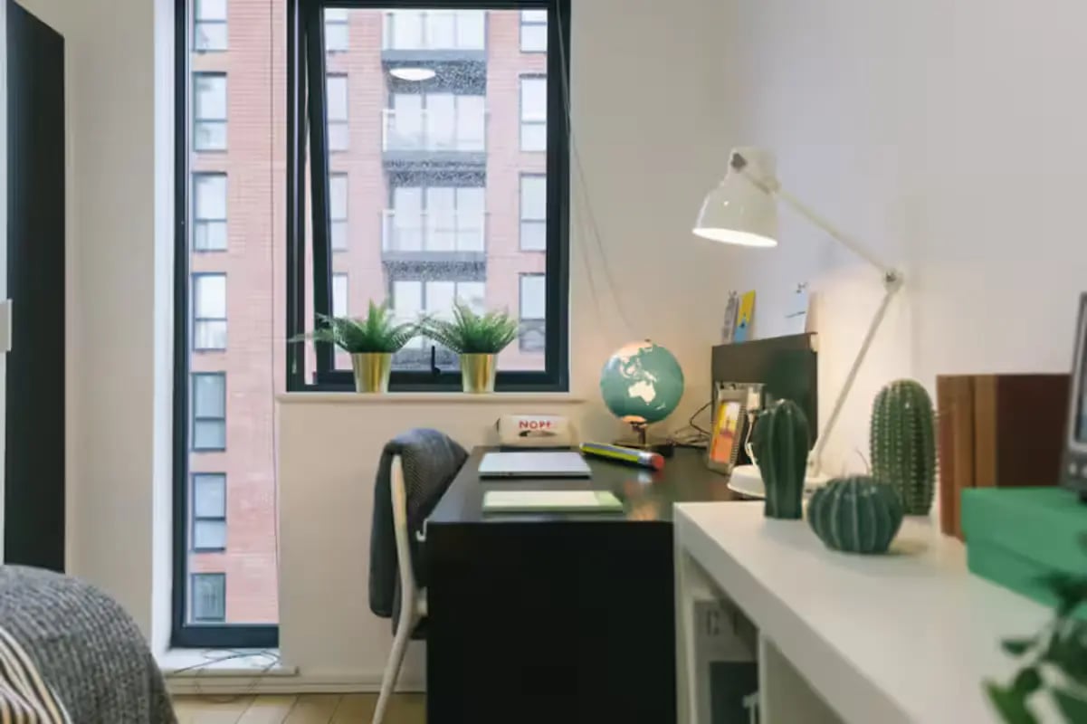 Desk with globe plants and lamp study area at Chatham Lodge in Liverpool Student Accommodation