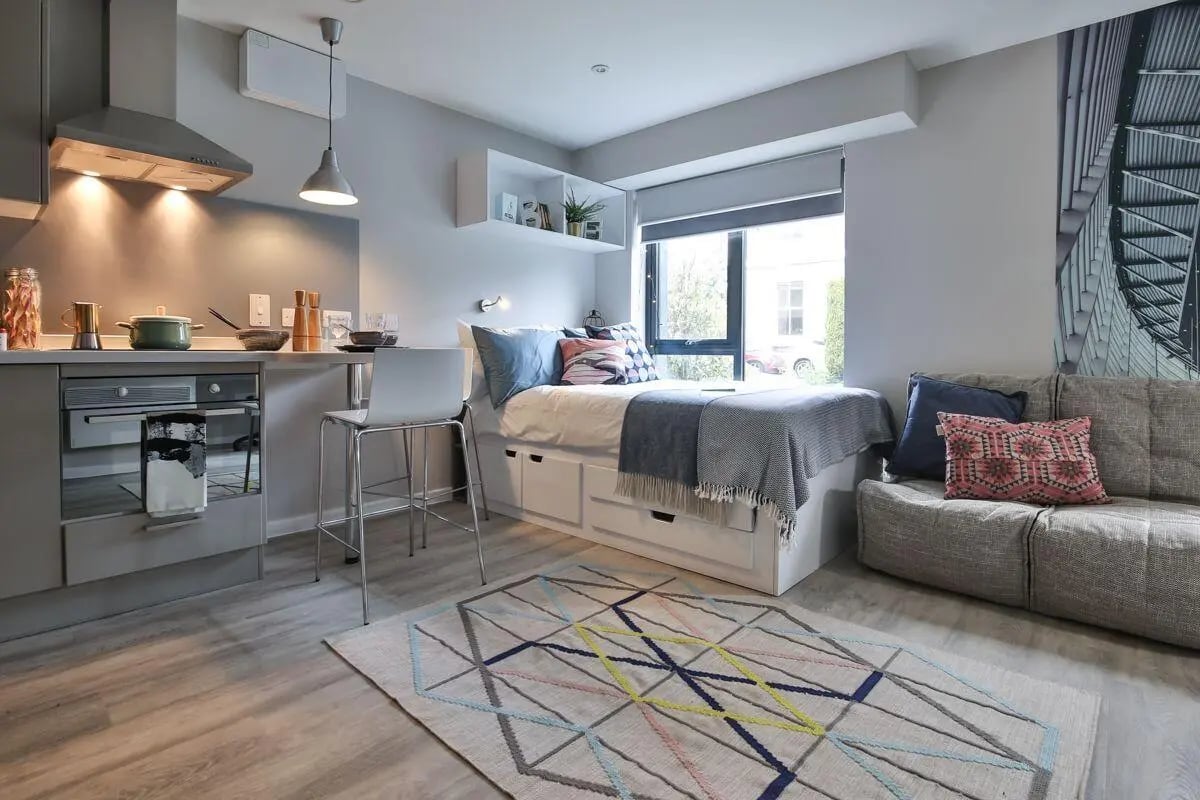 Bed kitchen sofa storage bed studio apartment at Princess Road East in Leicester Student Accommodation