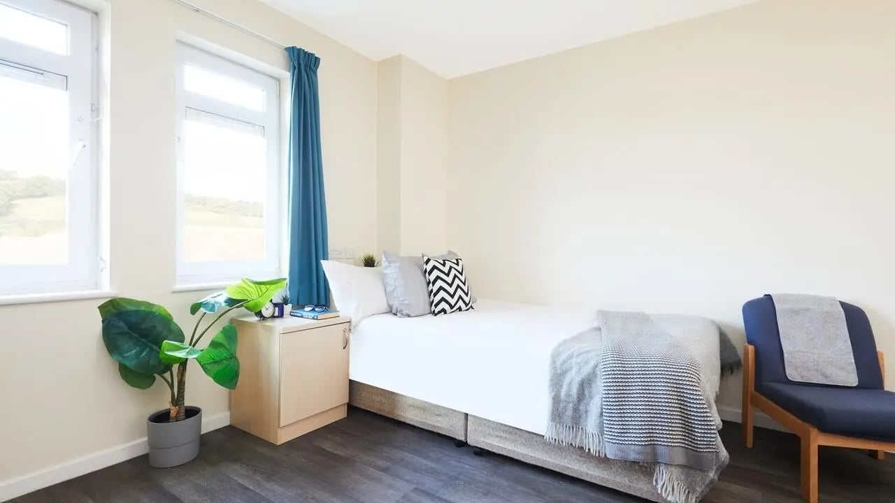 Bed with patterned pillows plant and blue chair bedroom at Collegiate King Edward Studios in Exeter Student Accommodation