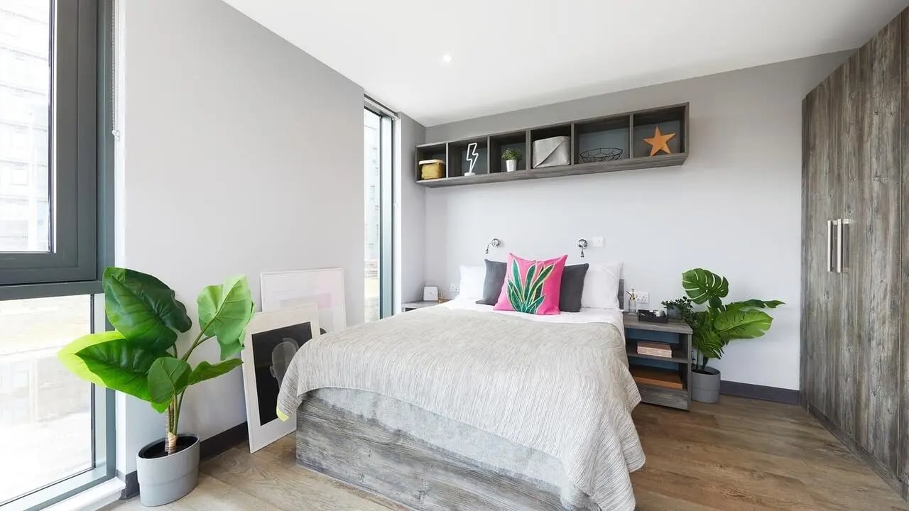 Bed with pink cushion large plant wardrobe bedroom at Collegiate Crown Place Norwich in Norwich Student Accommodation