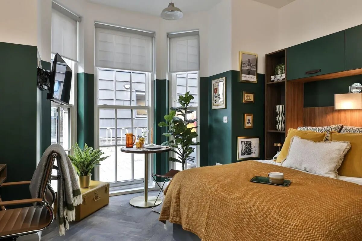 Bed desk chair plants and TV bedroom at Talbot Postgrad Studios in Nottingham Student Accommodation