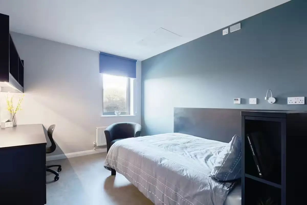 Bed desk chair armchair and shelving unit bedroom at Alumno Falmer in Brighton Student Accommodation