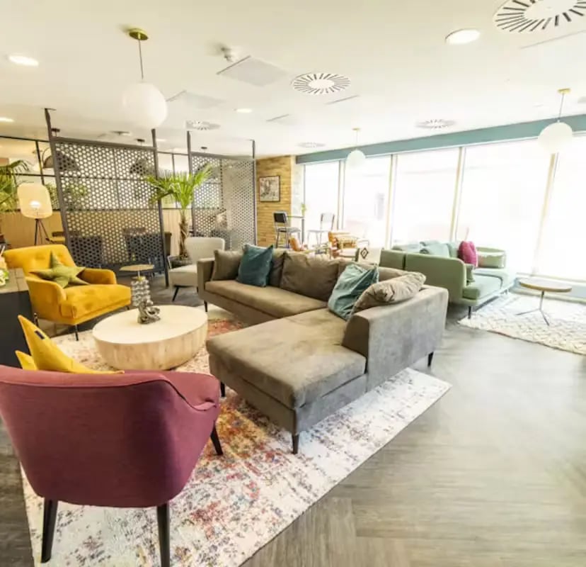 Sofas rug table chairs with plants common area living room at Brewer's Court in Edinburgh Student Accommodation