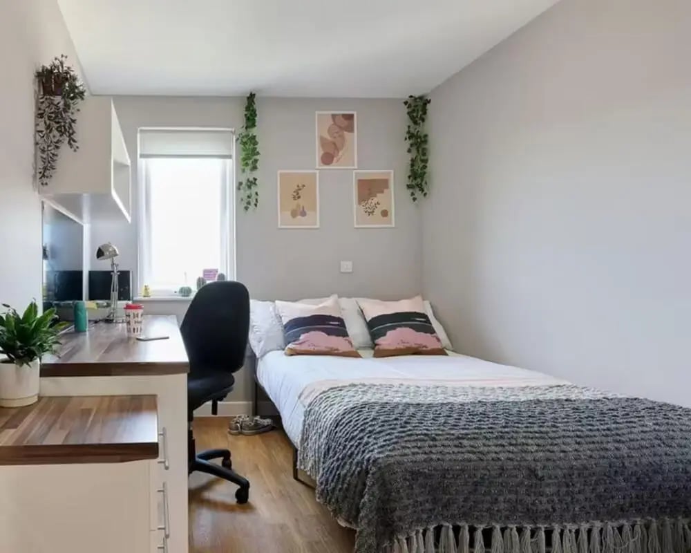 Bed desk chair and artwork bedroom at The Mews in Oxford Student Accommodation