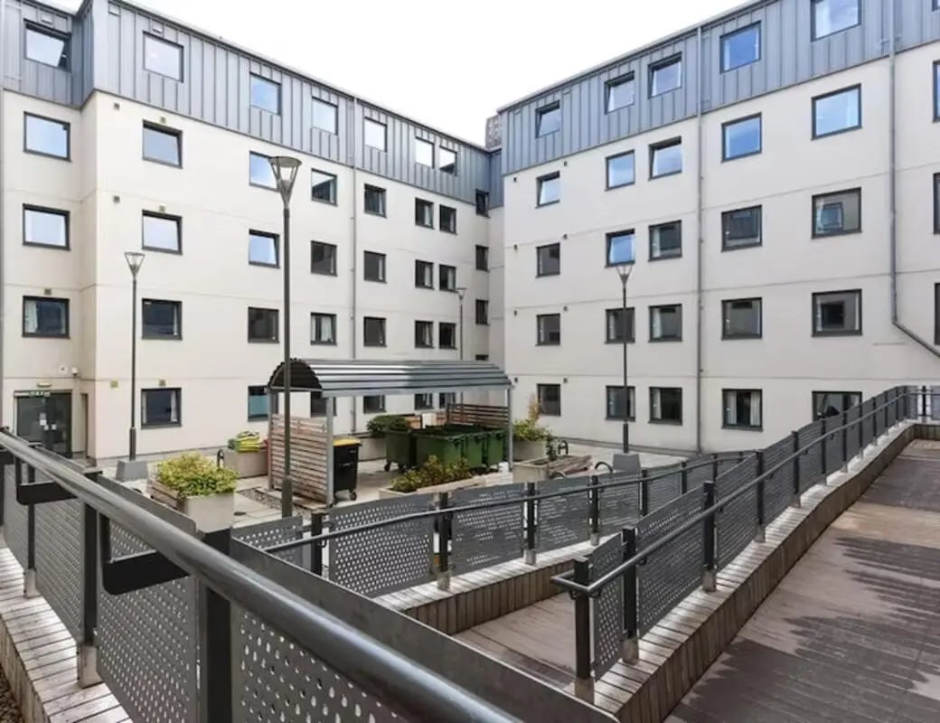 Building with courtyard and ramp exterior at Trinity Square in Nottingham Student Accommodation