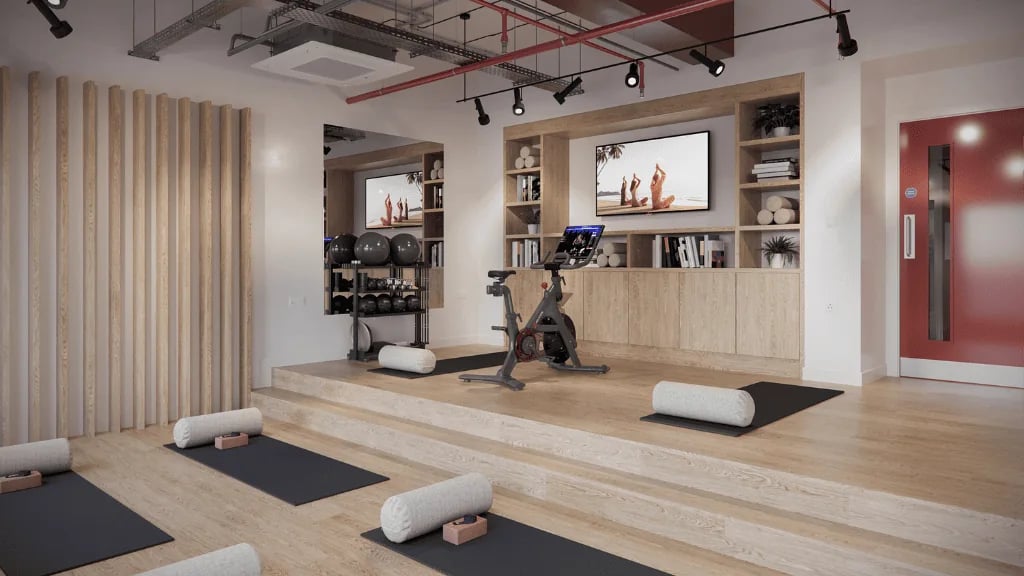 Exercise equipment with yoga mats fitness area at Exchange Court in Leeds Student Accommodation