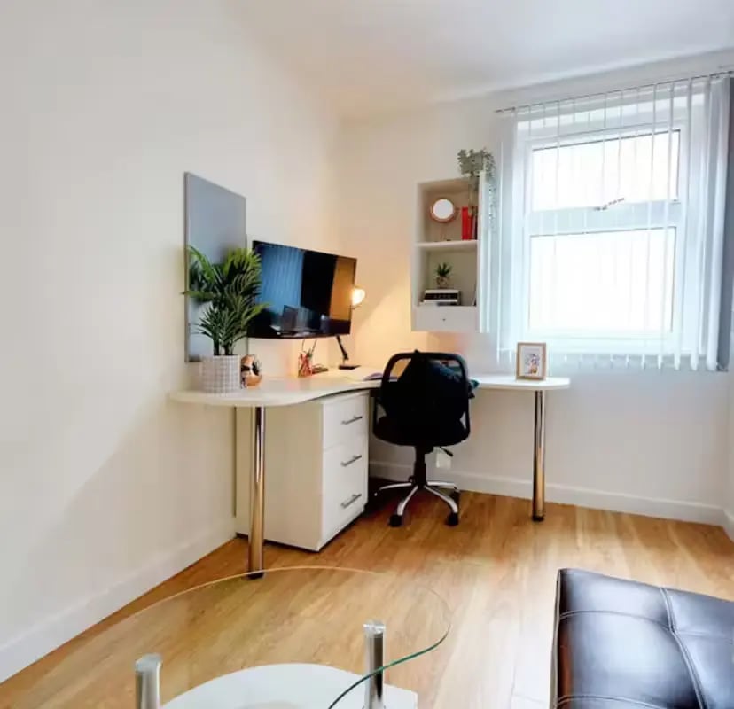 Desk plant chair shelf window study area at Newarke Street Leicester in Leicester Student Accommodation