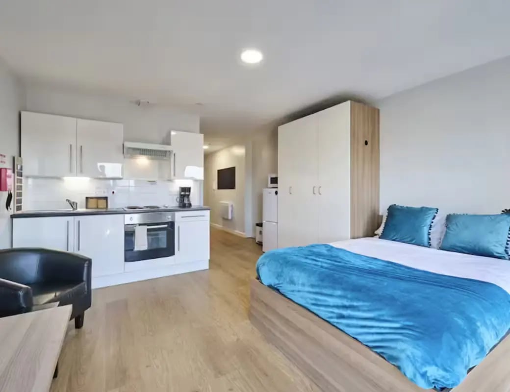Bed kitchen and wardrobe studio apartment at The Summit Leicester in Leicester Student Accommodation