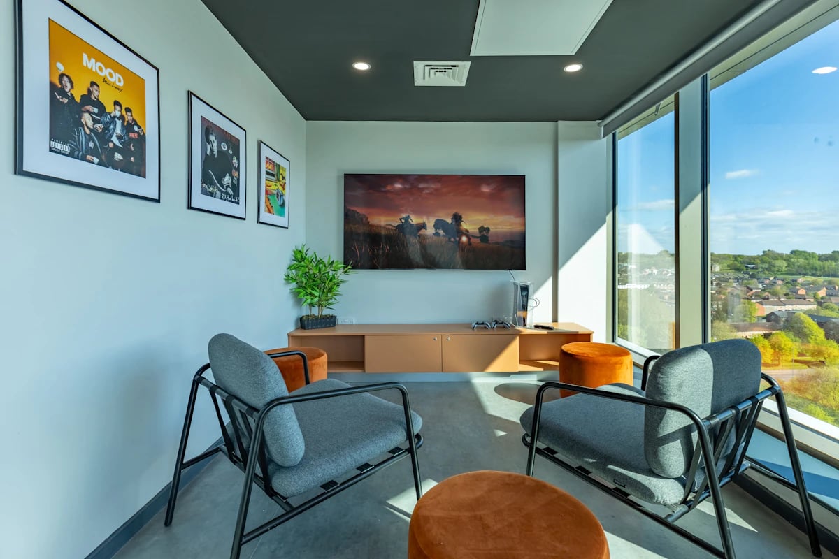 Chairs TV console pictures and plant lounge area at Limelight in Liverpool Student Accommodation