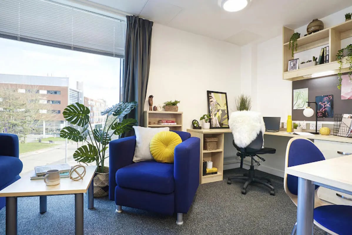 Blue armchair desk plants and chair living room at Harriet Martineau in Birmingham Student Accommodation