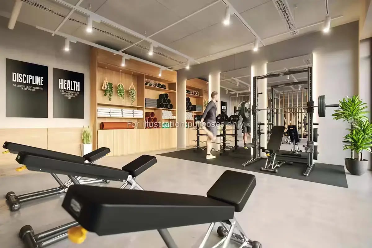 Weight benches and racks gym area at Arcadian in Nottingham Student Accommodation