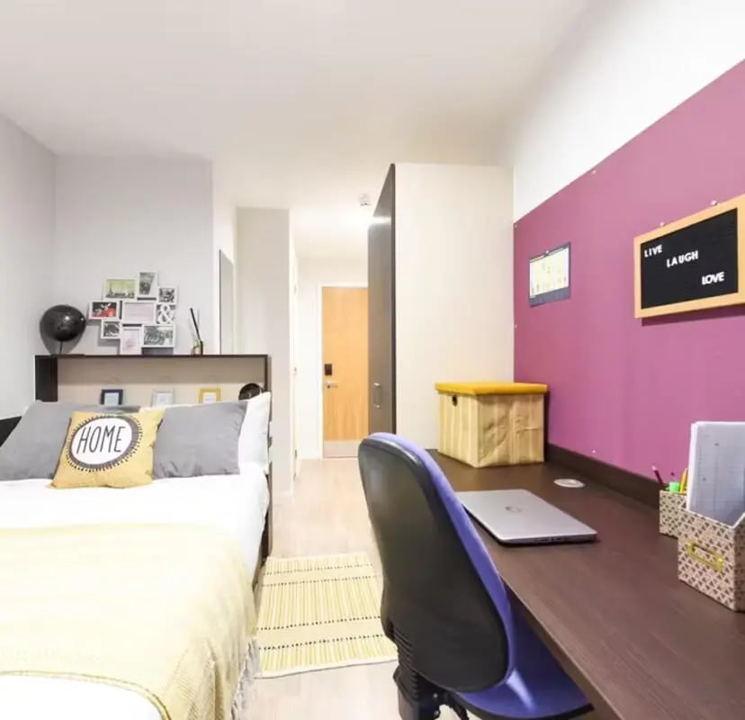 Bed study desk and chair bedroom at St Davids in Swansea Student Accommodation