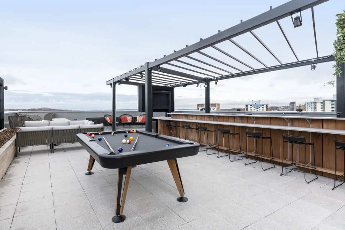 Pool table bar and seating area exterior at Hillside House Sheffield in Sheffield Student Accommodation