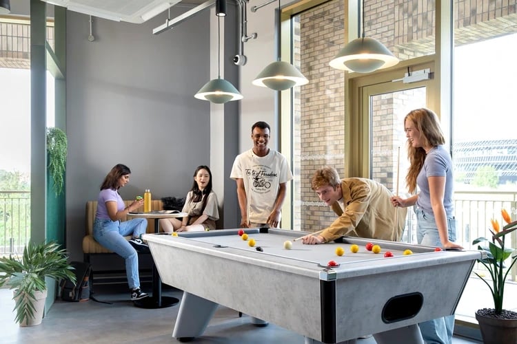 Students play pool in lounge area living room at Morriss House in Nottingham Student Accommodation