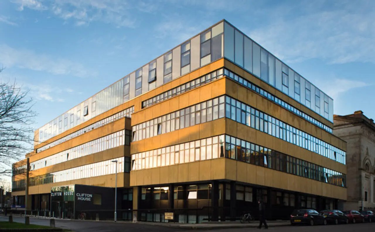 Clifton House building exterior with many windows exterior at Clifton & Stewart House in Glasgow Student Accommodation