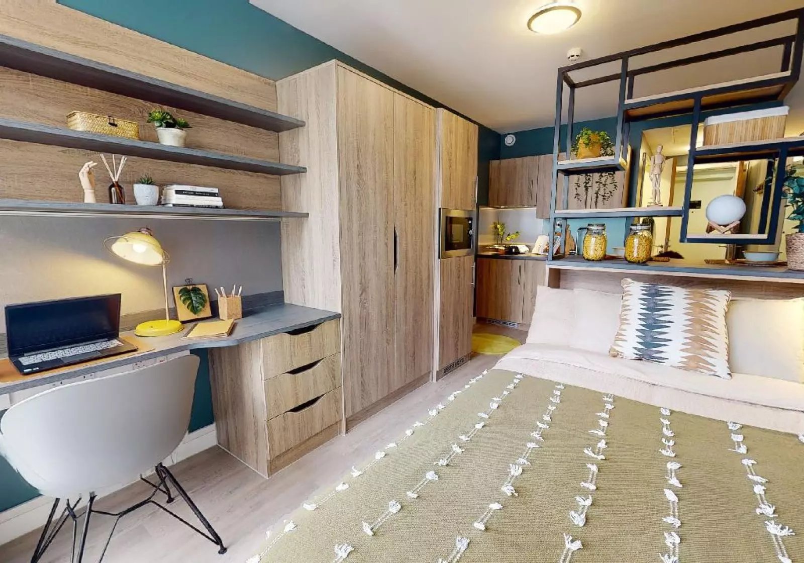 Desk bed kitchen wardrobe storage shelves studio apartment at iQ Bankside in London Student Accommodation