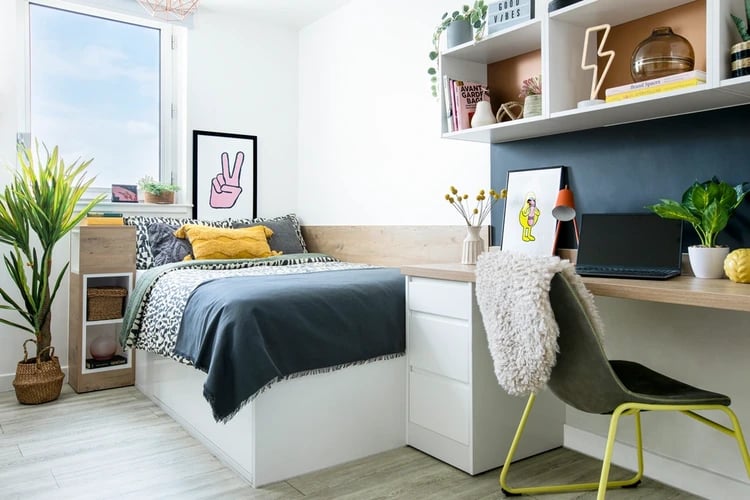 Bed desk plant artwork and chair bedroom at Walmsley Studios in London Student Accommodation