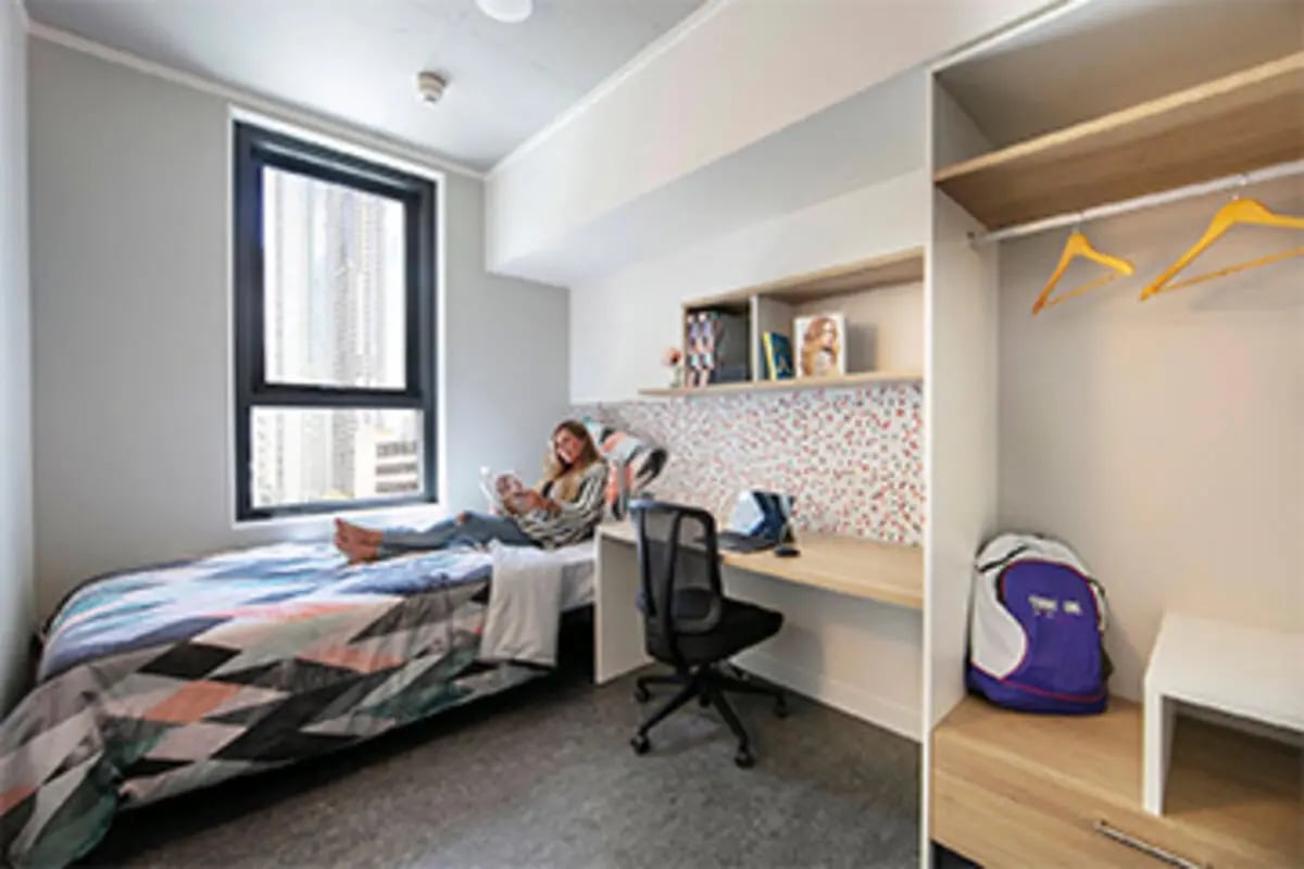 Bed desk chair closet and backpack bedroom at Student One Elizabeth Street in Brisbane Student Accommodation