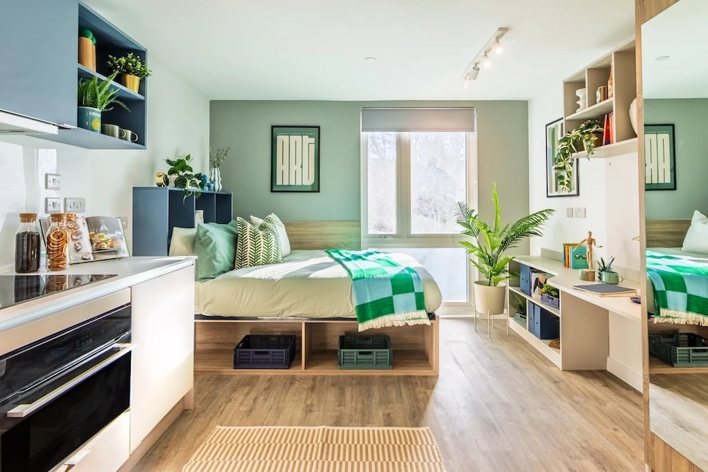 Kitchen bed desk plant shelving studio at Threadworks in Leeds Student Accommodation