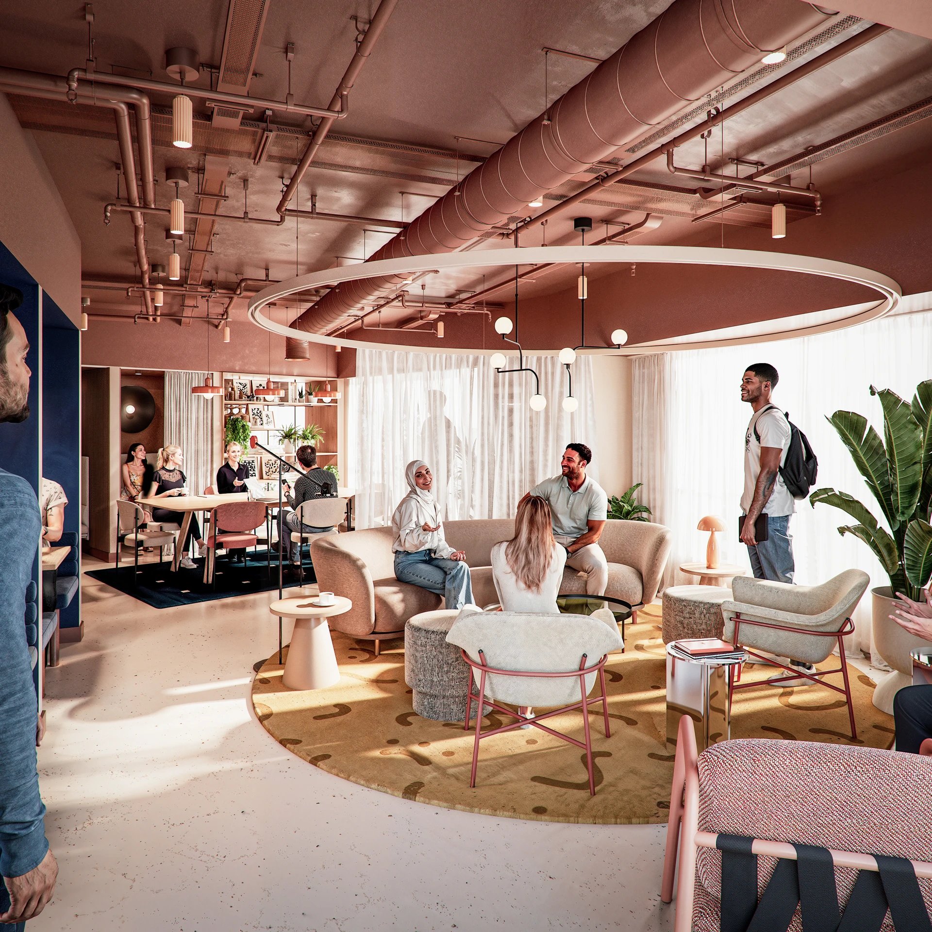 Lounge area with couches chairs tables and plants communal area at Burnet Court in Edinburgh Student Accommodation