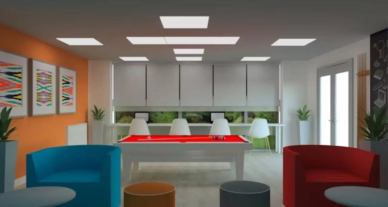 Pool table blue red chairs lounge area at Queens Gate in Southampton Student Accommodation