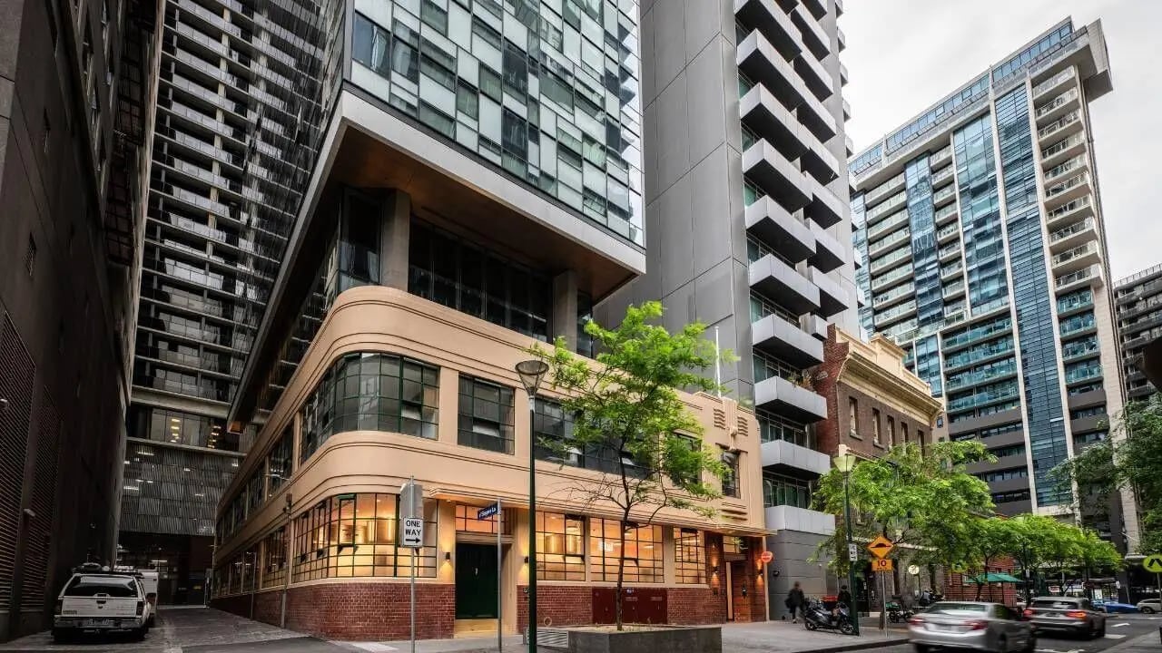 Modern building with balcony windows and street exterior at UniLodge Melbourne Flagstaff in Melbourne Student Accommodation