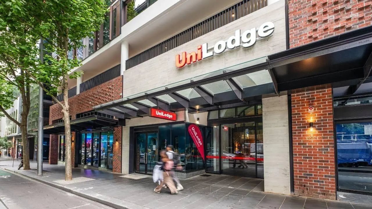 UniLodge building with signage and street exterior at UniLodge Melbourne Central in Melbourne Student Accommodation