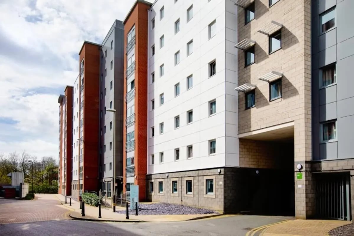 Modern student accommodation building exterior view Exterior at Newarke Point in Leicester Student Accommodation