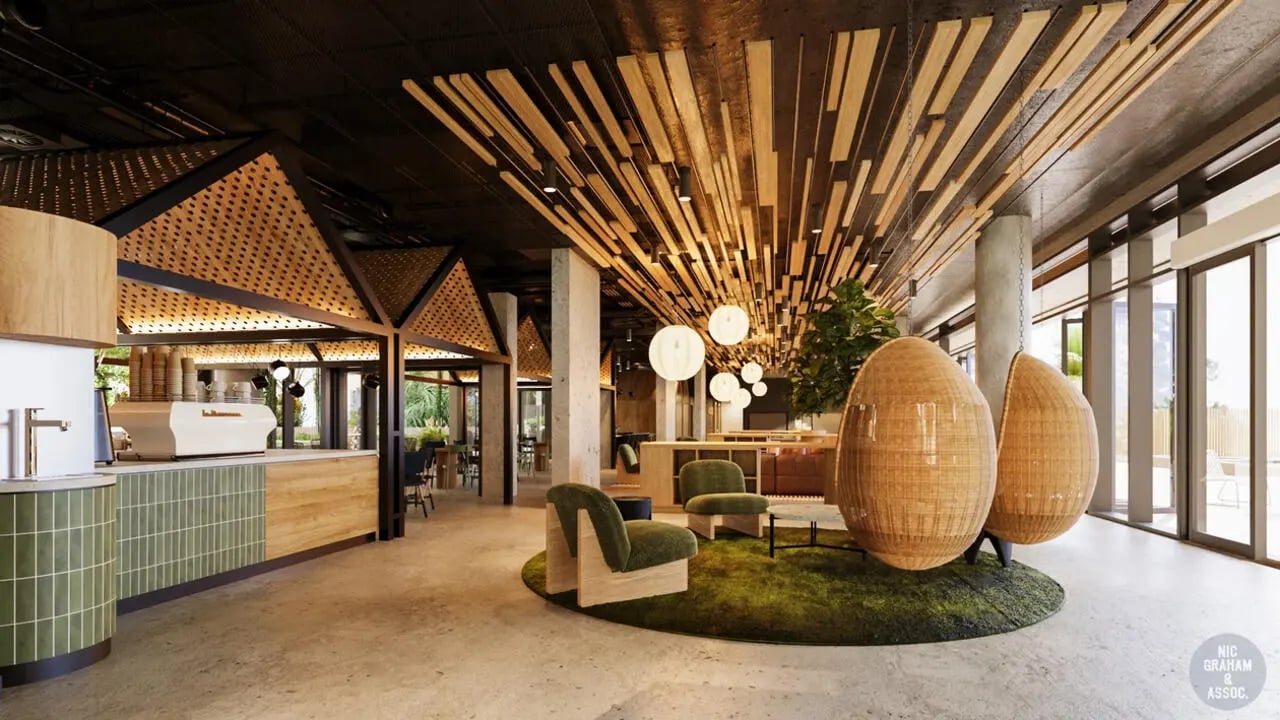 Modern communal area with coffee bar lounge seating at EPIISOD Macquarie Park in Sydney Student Accommodation