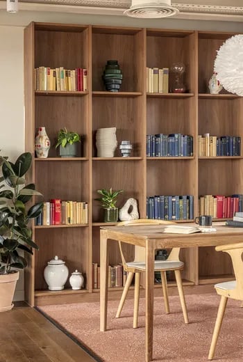 Bookshelves plants table and chairs living room at ARK Wembley in London Student Accommodation
