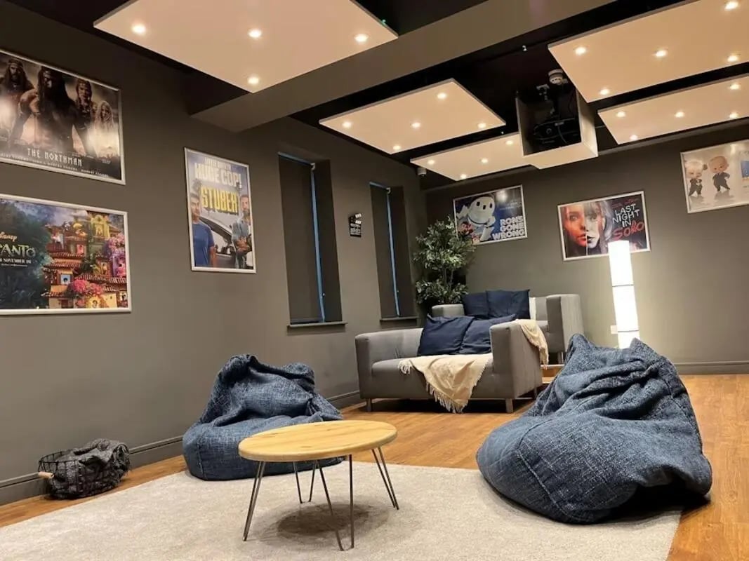 Beanbags sofa coffee table movie posters common room at Chapel Heights in Durham Student Accommodation