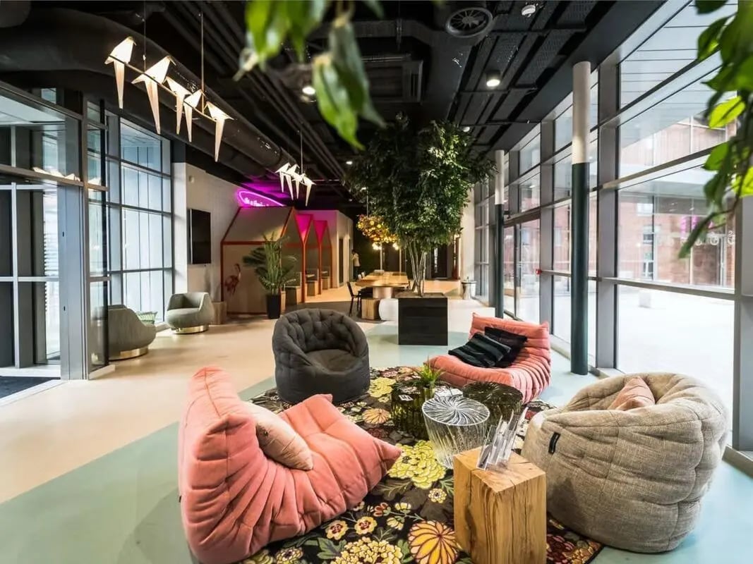 Beanbag chairs and tropical plants communal area at Scotway House in Glasgow Student Accommodation