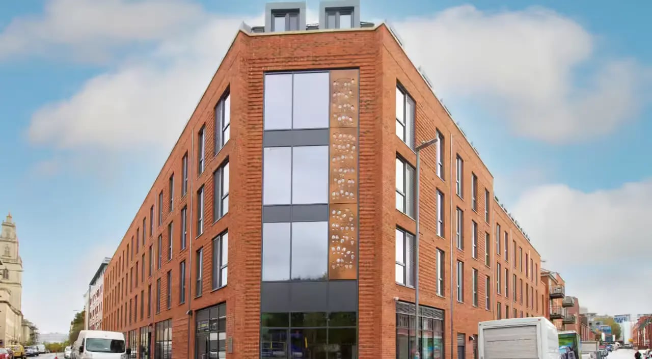 Modern brick building with large windows exterior at Dean Street Works in Bristol Student Accommodation
