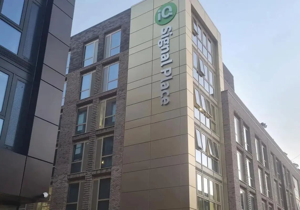 Signal Place building facade with many windows exterior at iQ Signal Place in Nottingham Student Accommodation