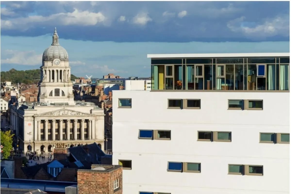 Modern building with many windows cityscape exterior at Kaplan Living Nottingham in Nottingham Student Accommodation