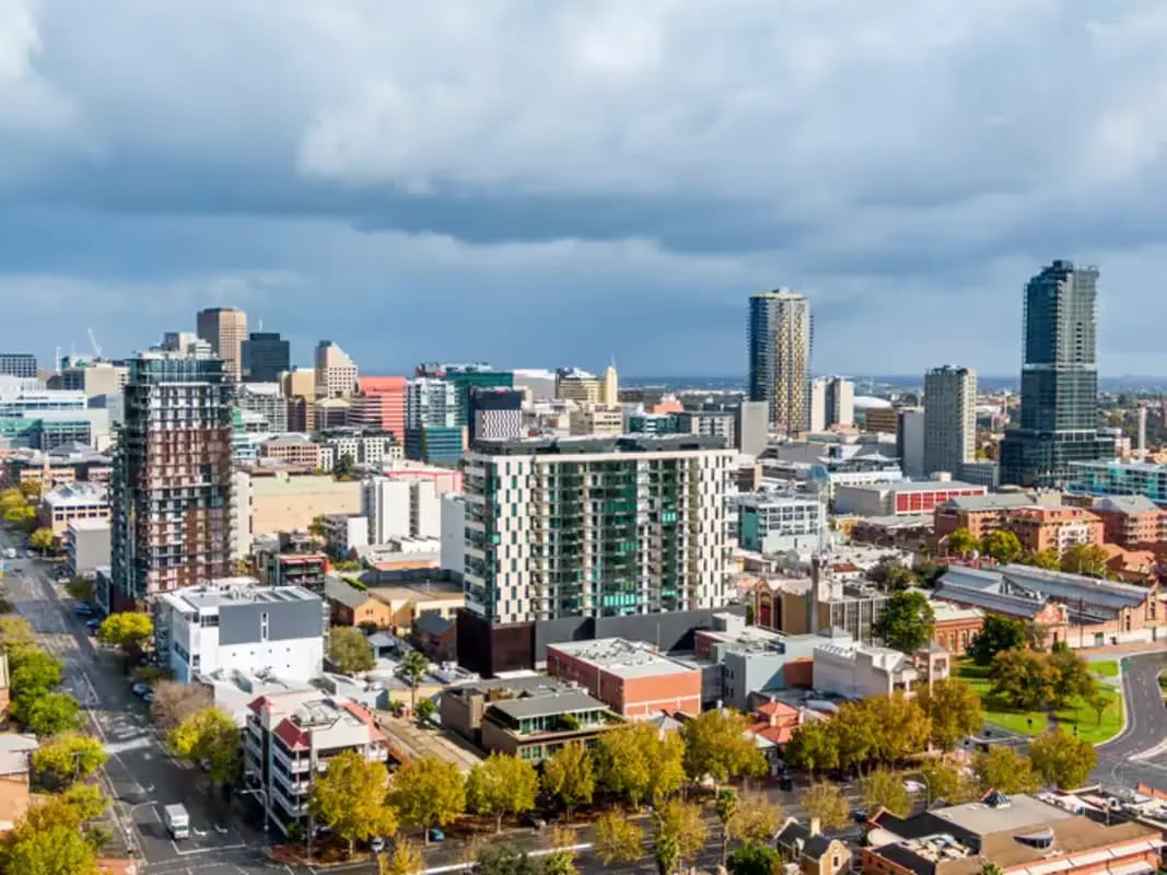 Cityscape with modern apartment buildings exterior at Scape Adelaide Central in Adelaide Student Accommodation