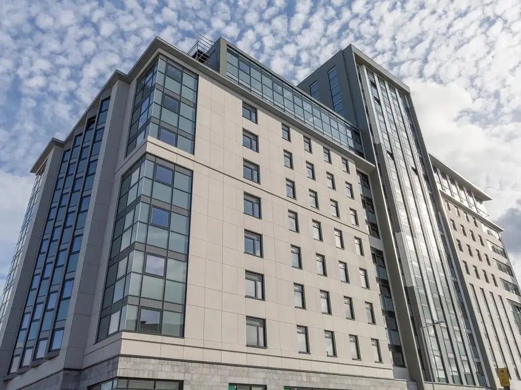 Modern student accommodation building with many windows exterior at Saltwater Place in Plymouth Student Accommodation