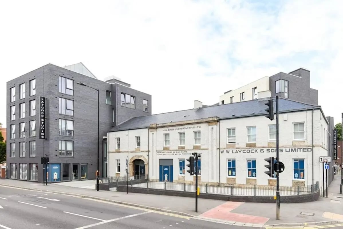 Modern student accommodation building with signage exterior at Laycock Studios in Sheffield Student Accommodation