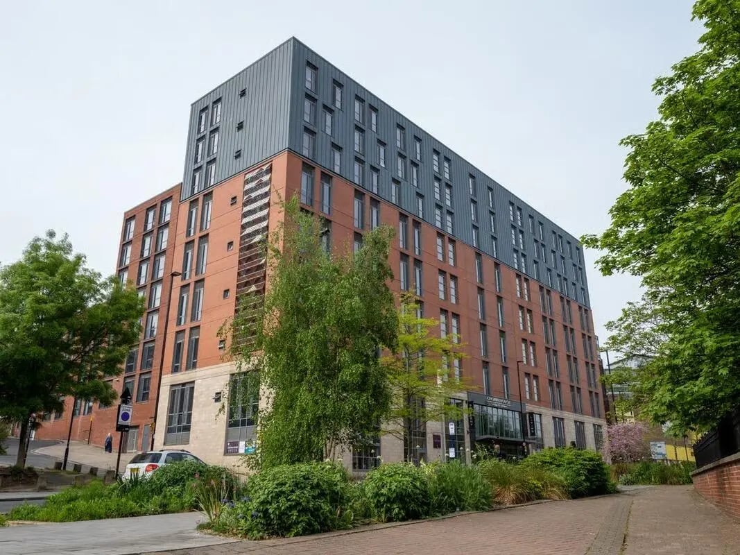 Modern building with brick and metal facade exterior at Crown House in Sheffield Student Accommodation